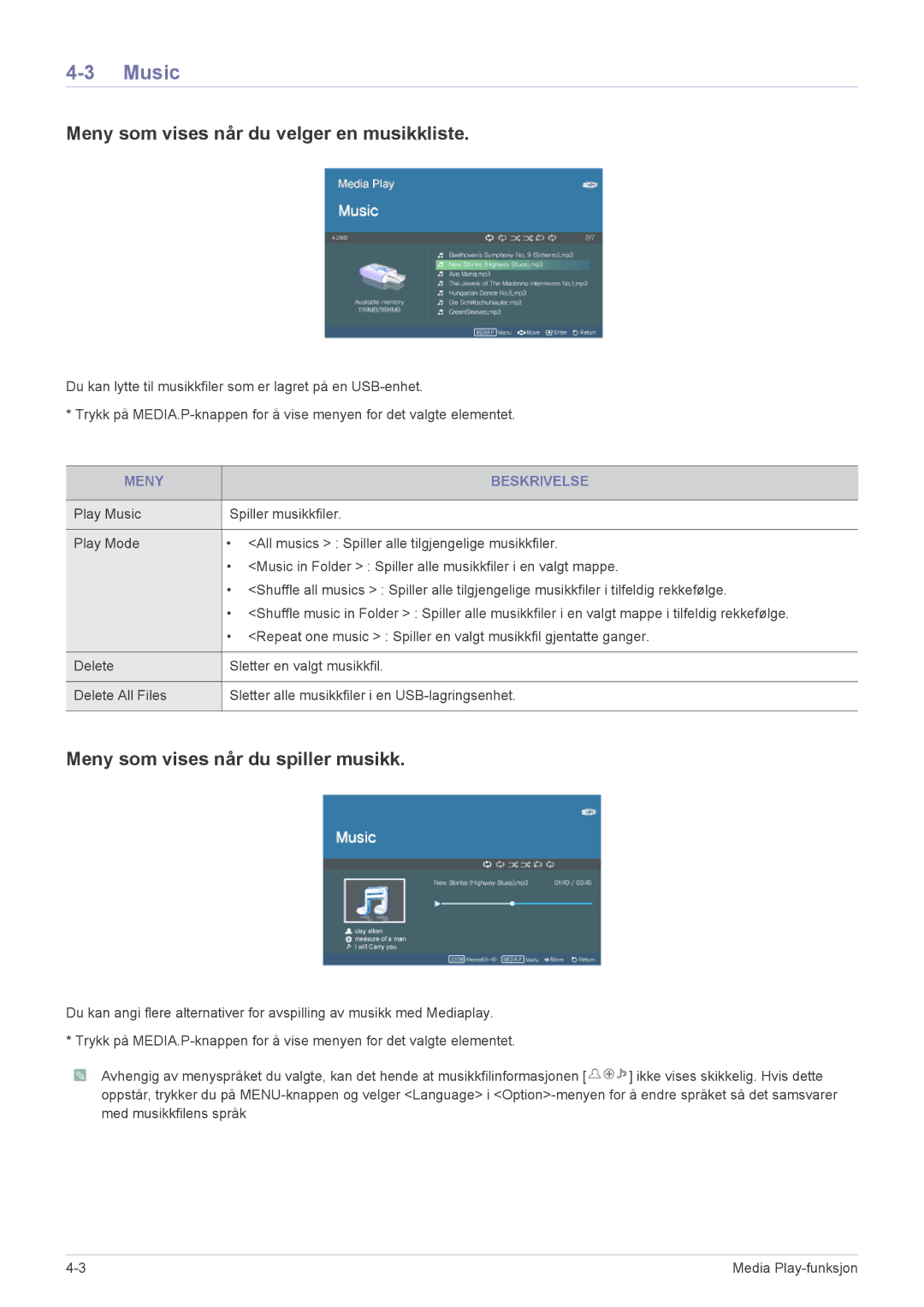 Samsung SPP410MEX/EN, SPP410MX/EN Music, Meny som vises når du velger en musikkliste, Meny som vises når du spiller musikk 