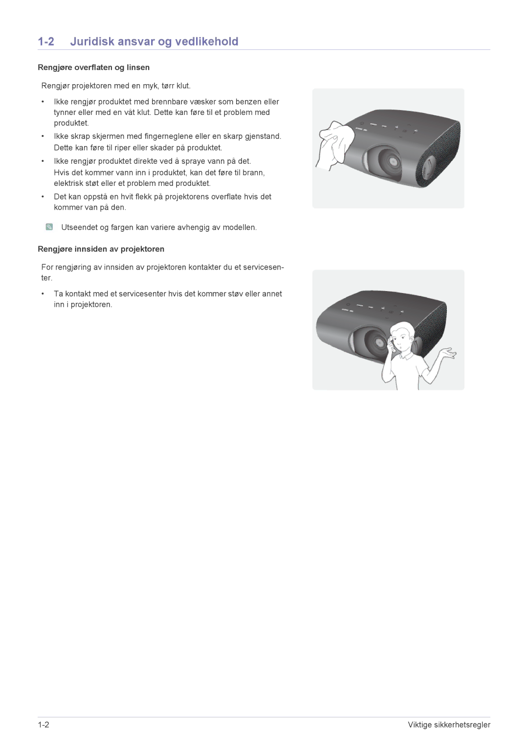 Samsung SPP410MEX/EN, SPP410MX/EN manual Juridisk ansvar og vedlikehold, Rengjøre overflaten og linsen 