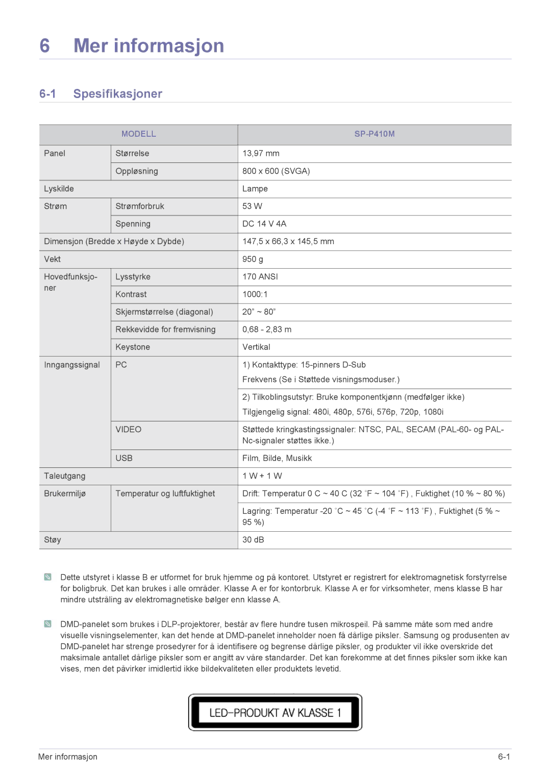 Samsung SPP410MX/EN, SPP410MEX/EN manual Mer informasjon, Spesifikasjoner, Modell 