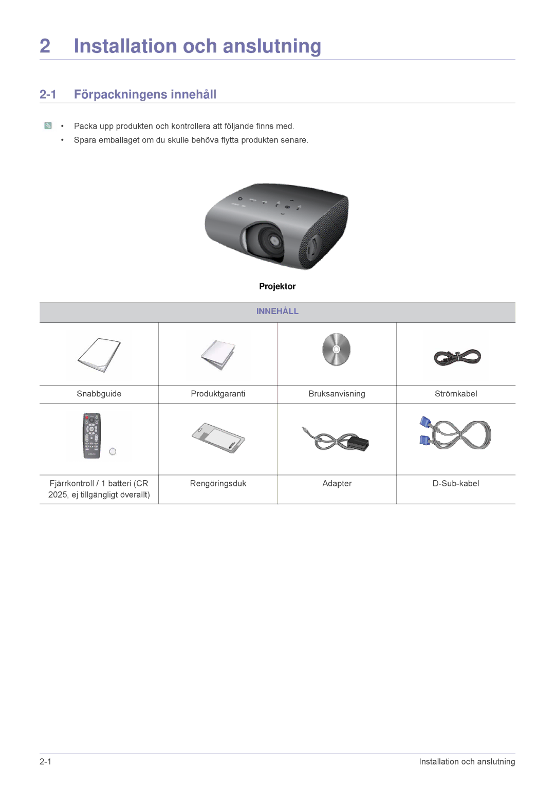 Samsung SPP410MEX/EN, SPP410MX/EN manual Installation och anslutning, Förpackningens innehåll, Innehåll 