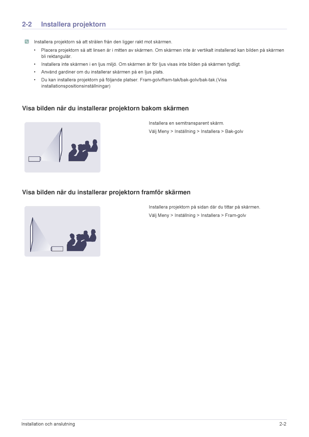 Samsung SPP410MX/EN, SPP410MEX/EN manual Installera projektorn, Visa bilden när du installerar projektorn bakom skärmen 