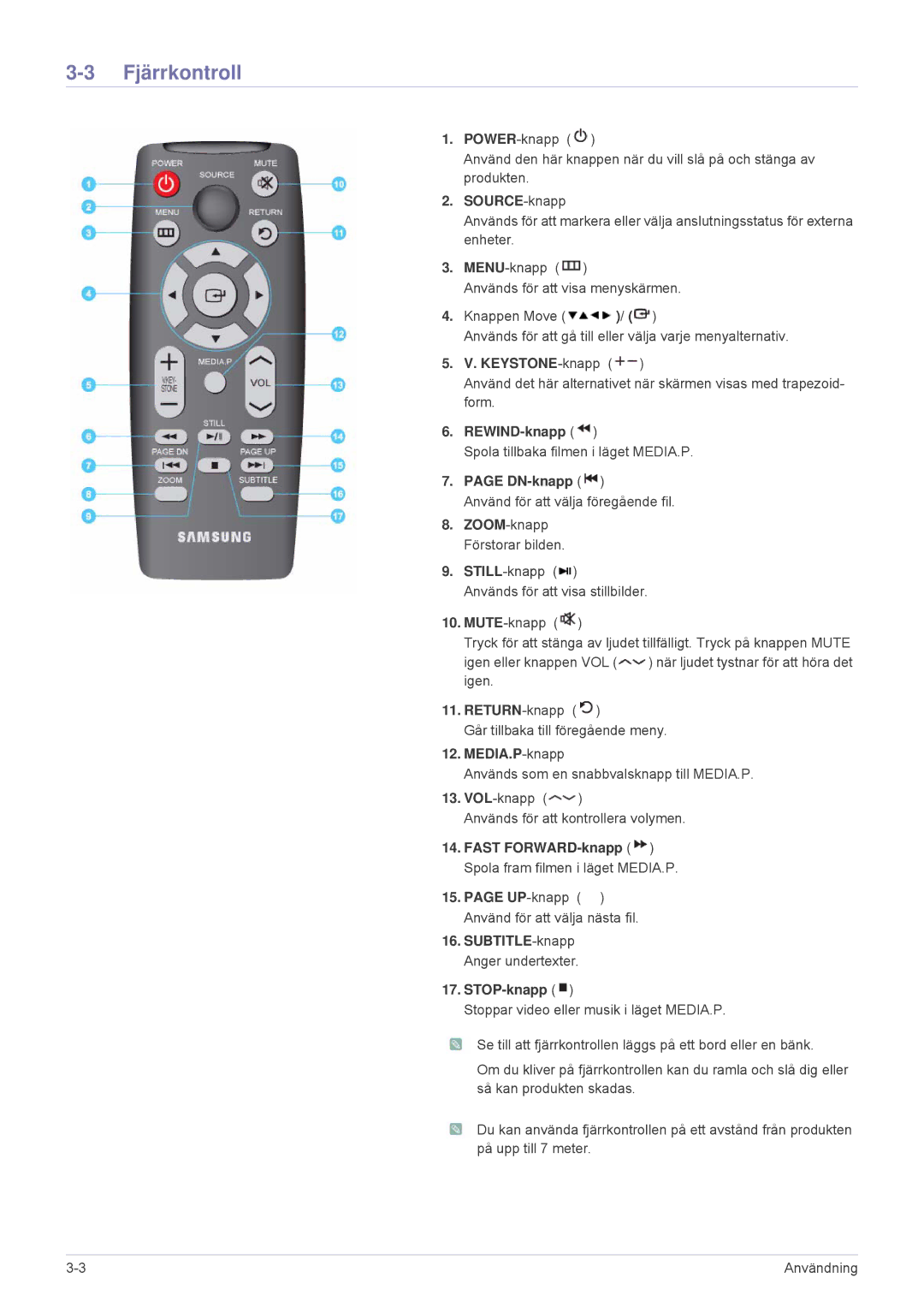 Samsung SPP410MEX/EN, SPP410MX/EN manual Fjärrkontroll, DN-knapp 