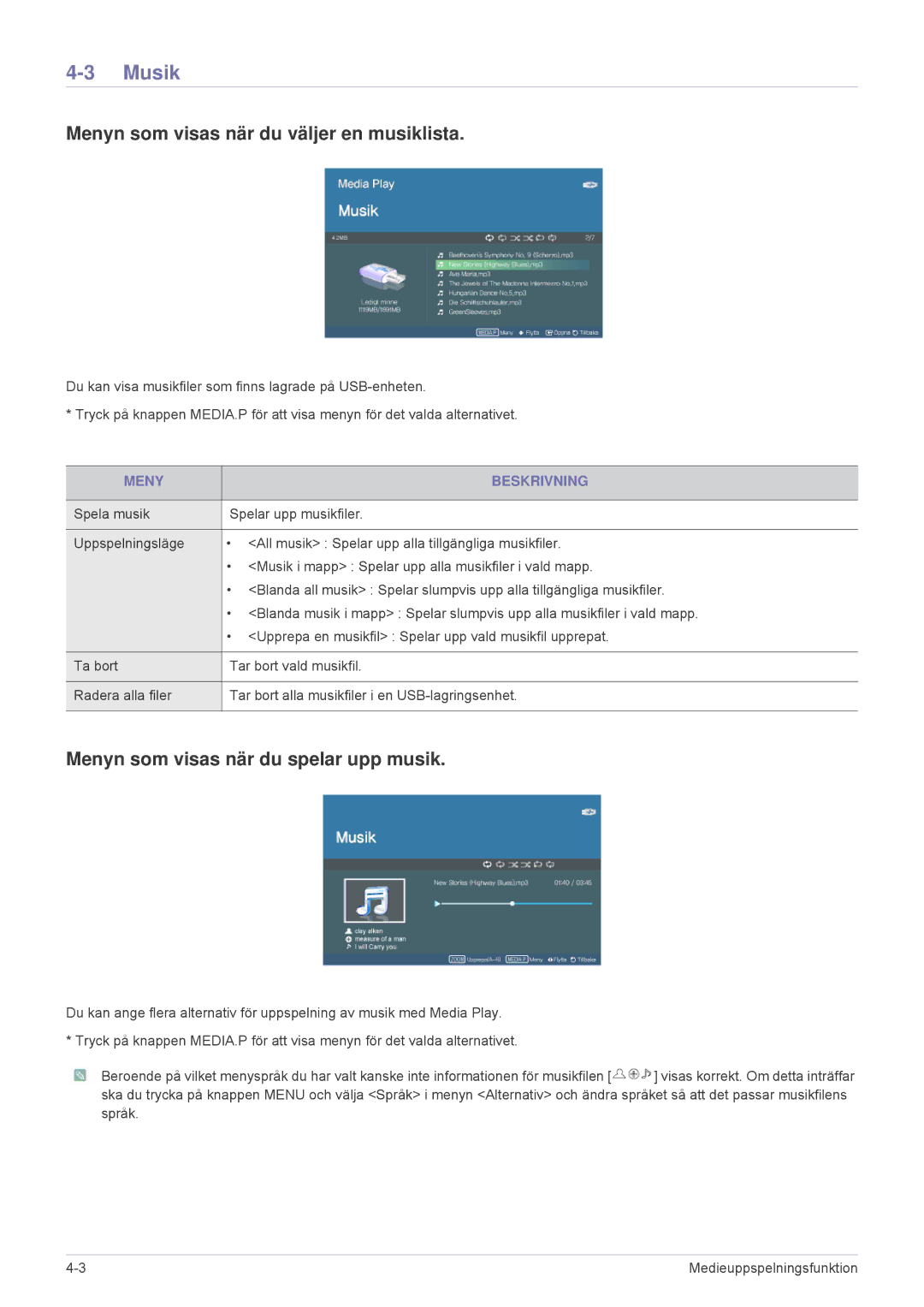 Samsung SPP410MEX/EN manual Musik, Menyn som visas när du väljer en musiklista, Menyn som visas när du spelar upp musik 