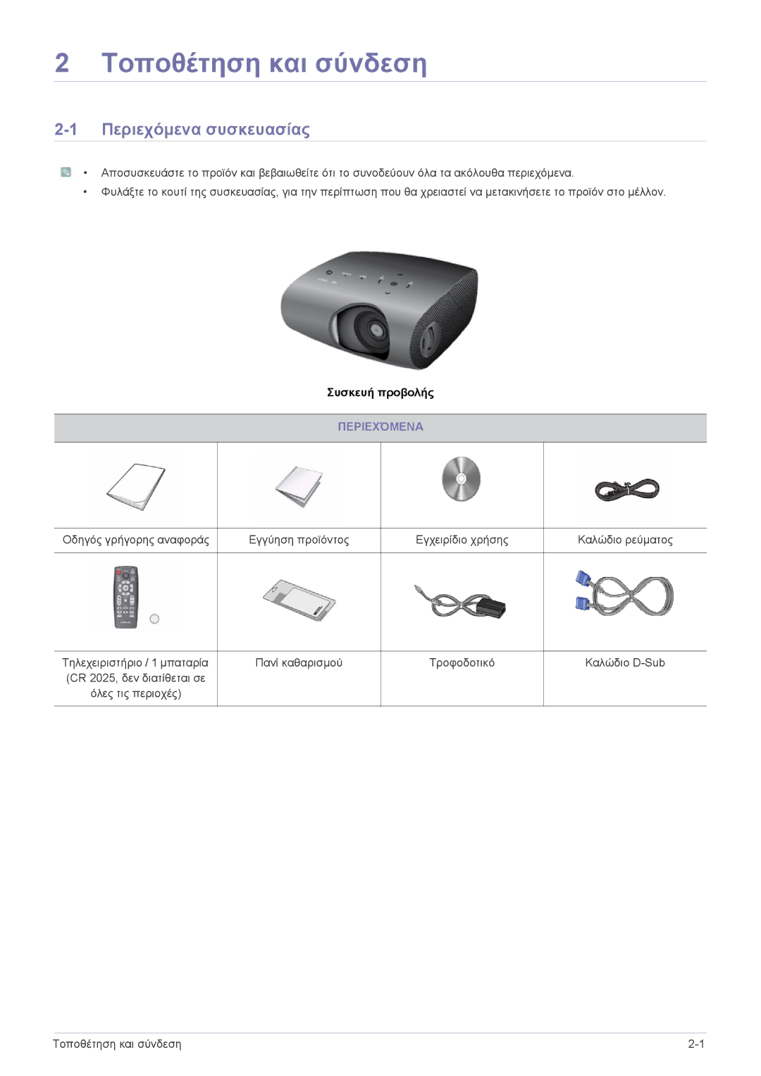 Samsung SPP410MX/EN, SPP410MEX/EN manual Τοποθέτηση και σύνδεση, Περιεχόμενα συσκευασίας 