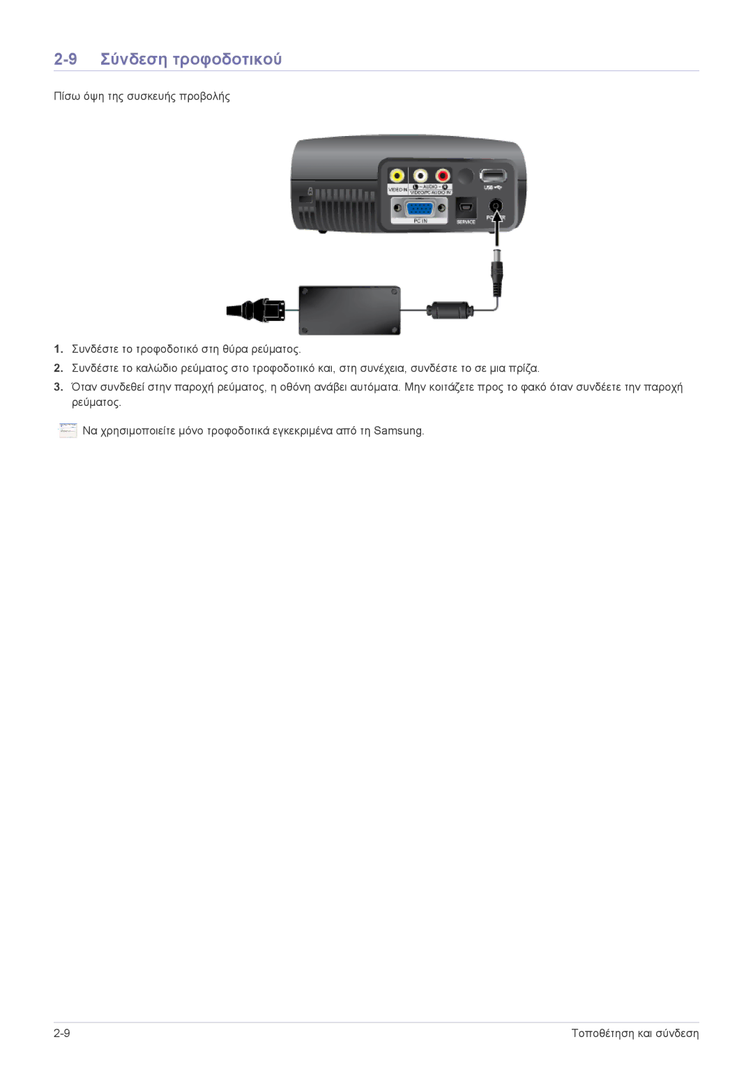 Samsung SPP410MEX/EN, SPP410MX/EN manual Σύνδεση τροφοδοτικού 