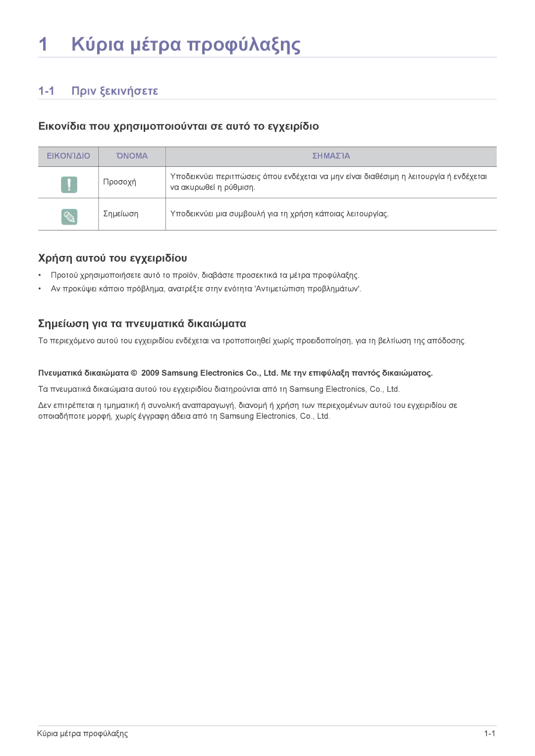 Samsung SPP410MX/EN manual Κύρια μέτρα προφύλαξης, Πριν ξεκινήσετε, Εικονίδια που χρησιμοποιούνται σε αυτό το εγχειρίδιο 