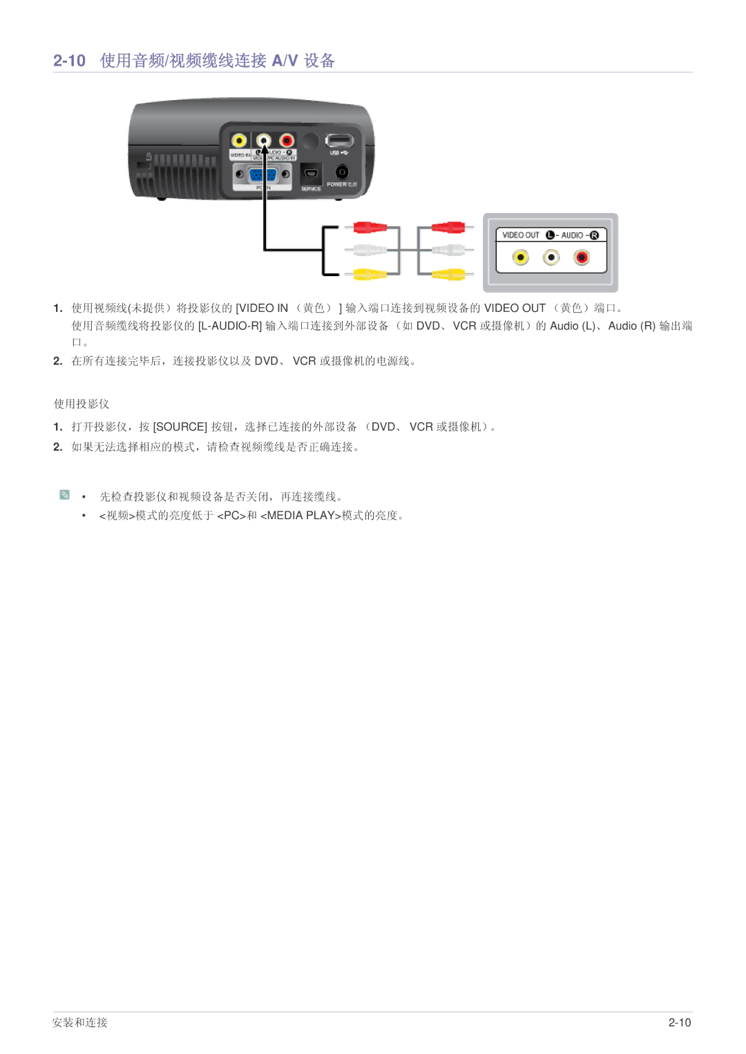 Samsung SPP410MX/EN, SPP410MEX/EN manual 10使用音频/视频缆线连接 A/V 设备 