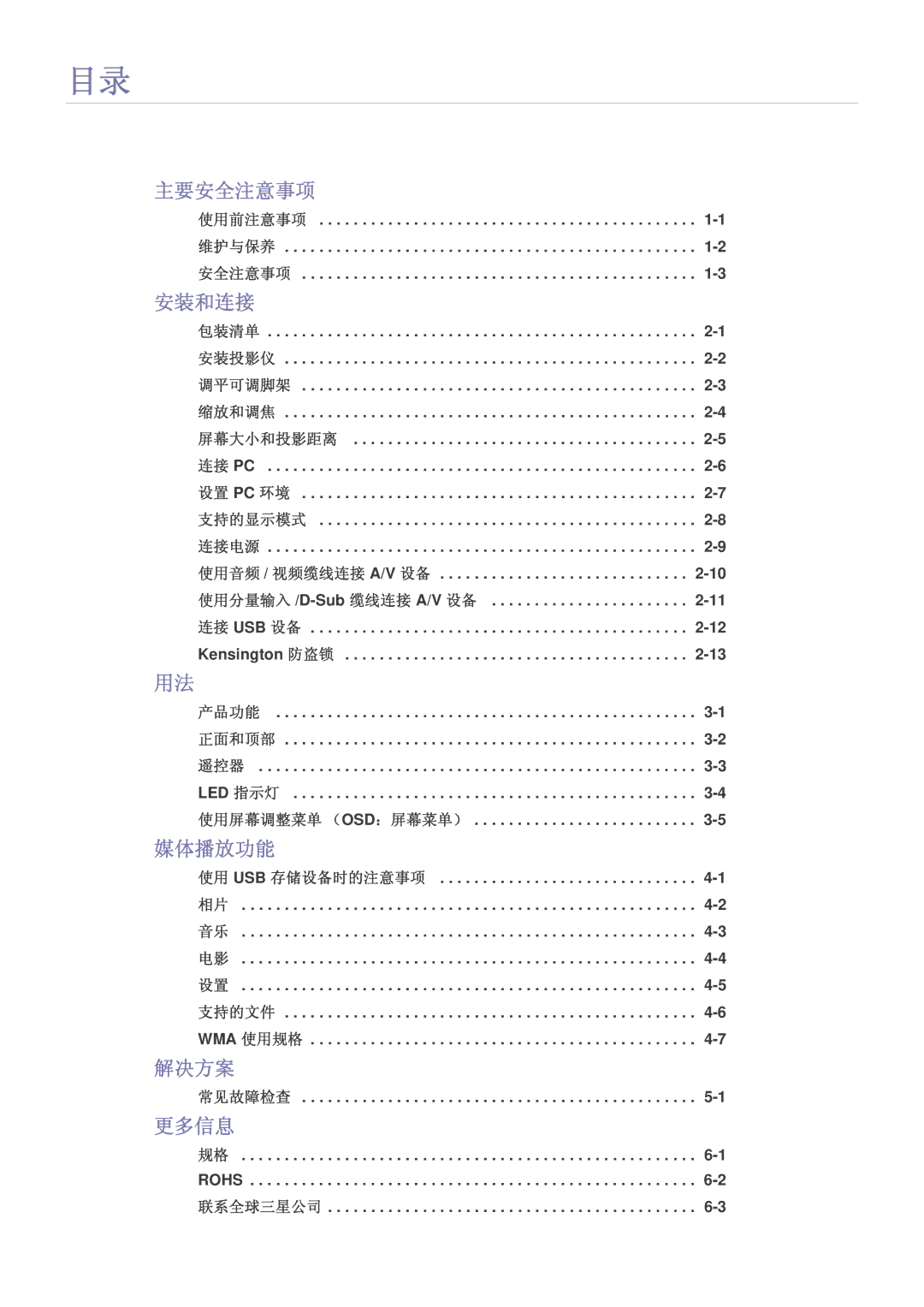 Samsung SPP410MEX/EN, SPP410MX/EN manual 主要安全注意事项, 安装和连接, 媒体播放功能, 解决方案, 更多信息 