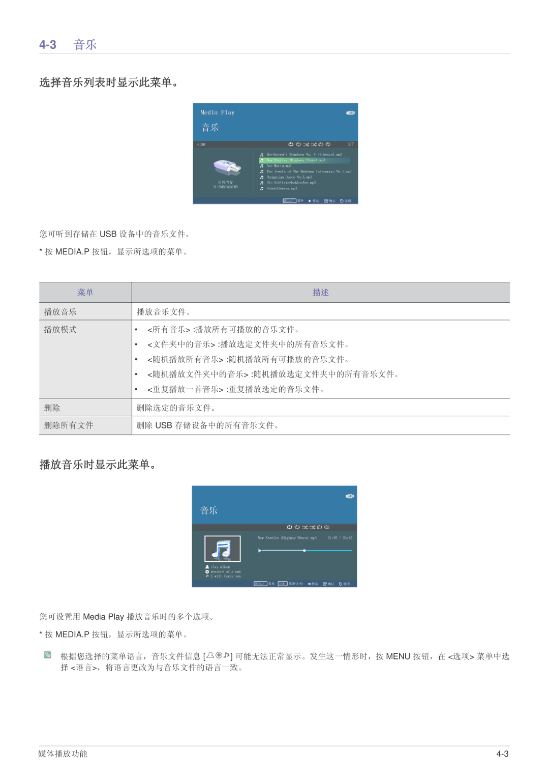 Samsung SPP410MX/EN, SPP410MEX/EN manual 选择音乐列表时显示此菜单。, 播放音乐时显示此菜单。 