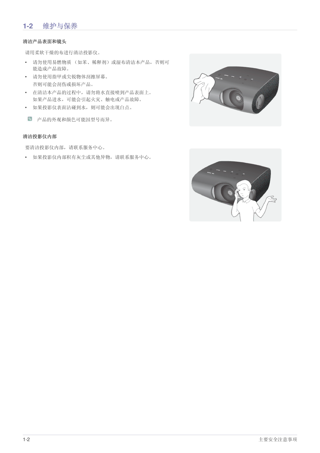 Samsung SPP410MEX/EN, SPP410MX/EN manual 2维护与保养, 清洁产品表面和镜头 