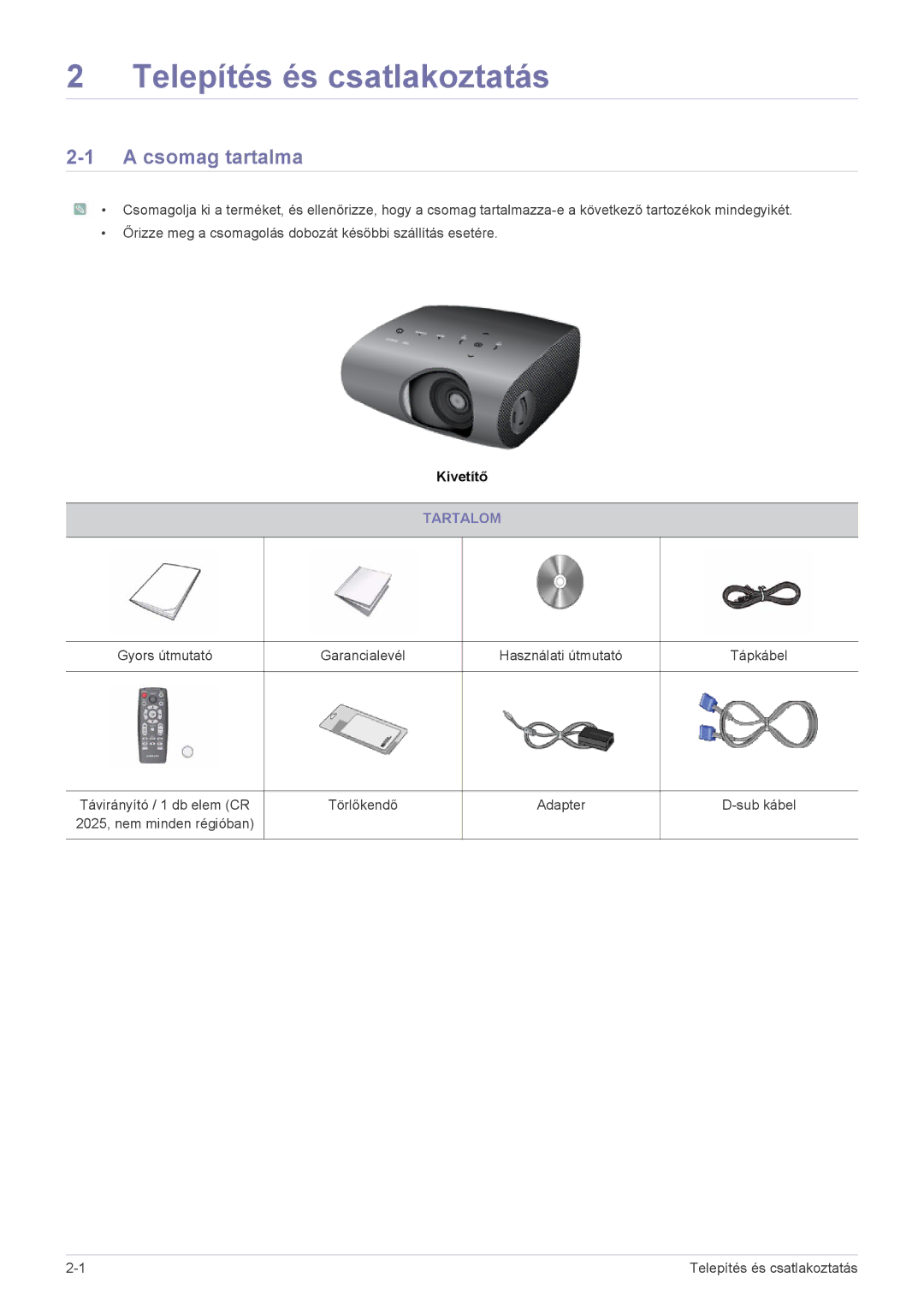 Samsung SPP410MEX/EN, SPP410MX/EN manual Telepítés és csatlakoztatás, Csomag tartalma, Tartalom 