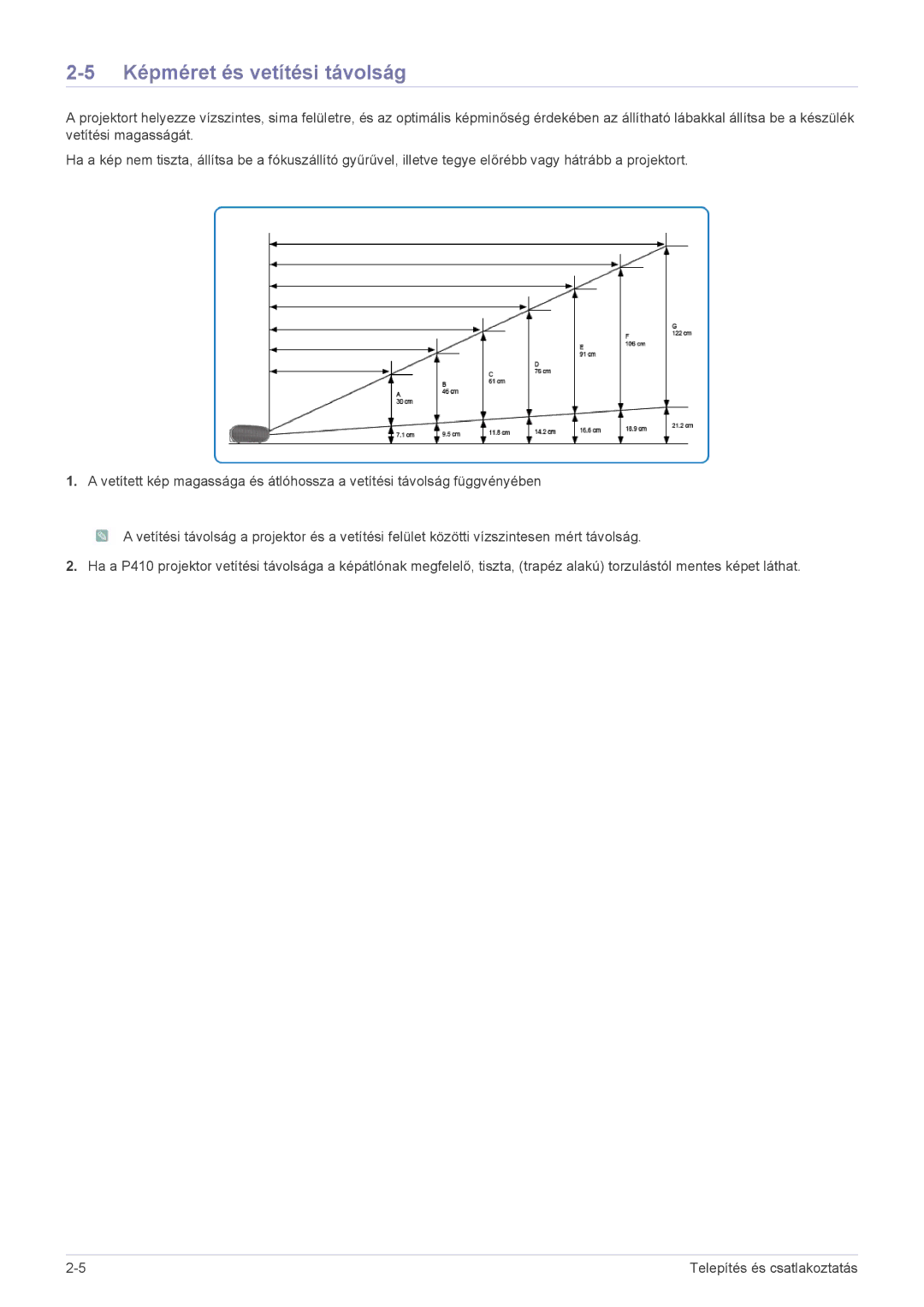 Samsung SPP410MEX/EN, SPP410MX/EN manual Képméret és vetítési távolság 