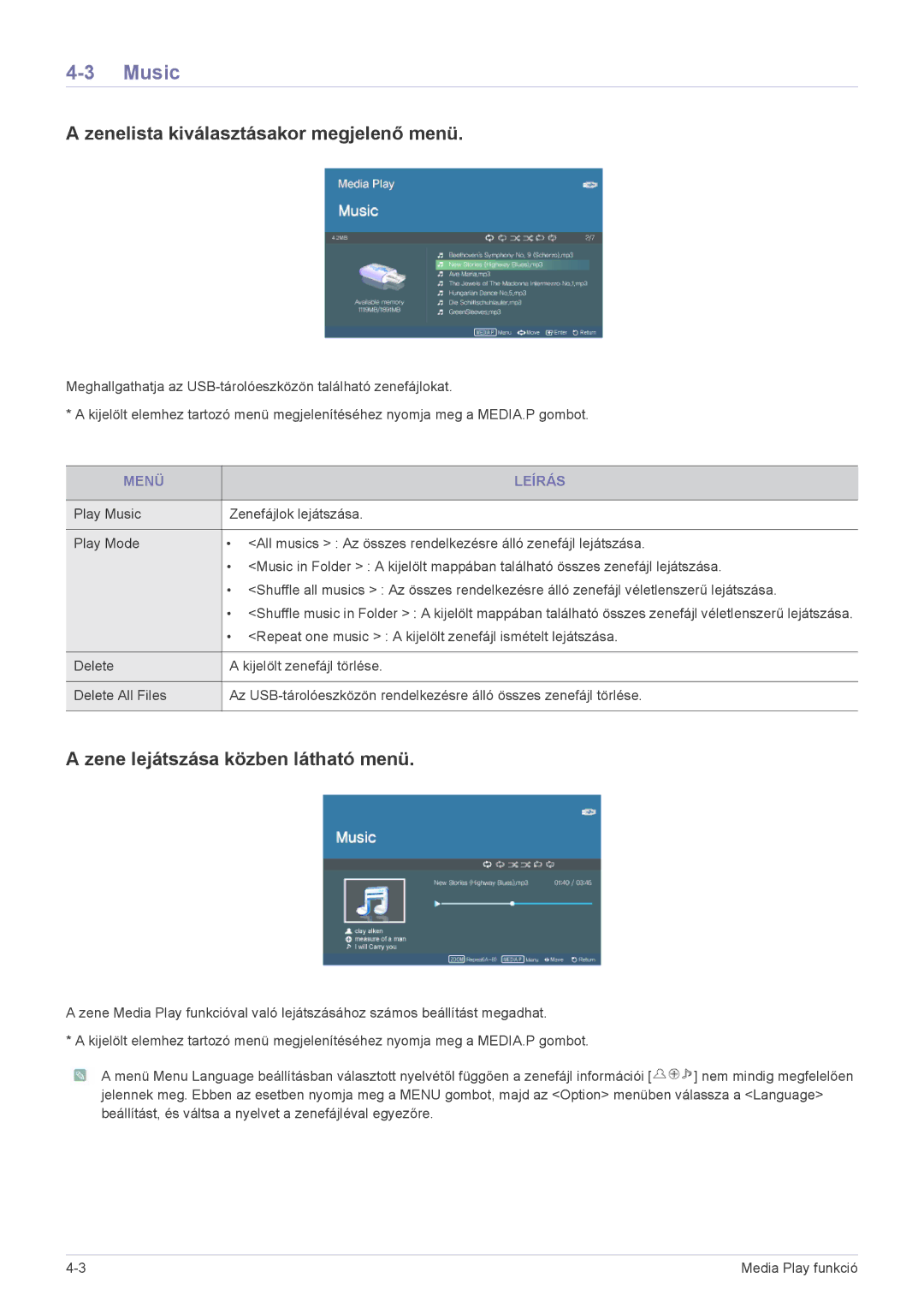 Samsung SPP410MEX/EN, SPP410MX/EN Music, Zenelista kiválasztásakor megjelenő menü, Zene lejátszása közben látható menü 