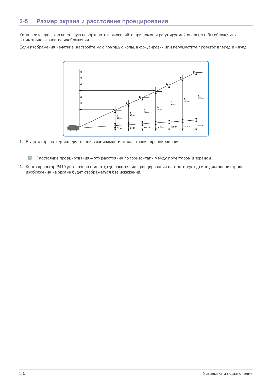 Samsung SPP410MEX/EN manual Размер экрана и расстояние проецирования 