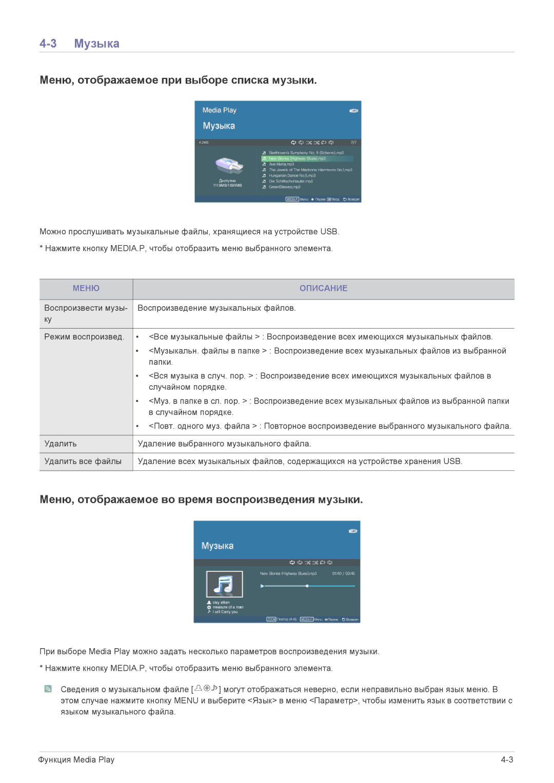 Samsung SPP410MEX/EN manual Музыка, Меню, отображаемое при выборе списка музыки 