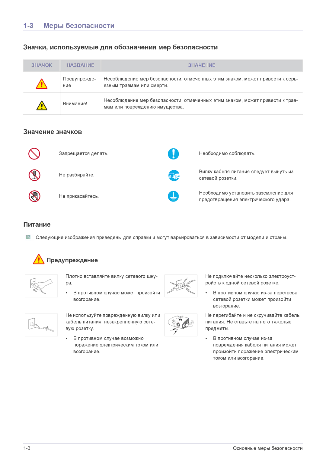 Samsung SPP410MEX/EN Меры безопасности, Значки, используемые для обозначения мер безопасности, Значение значков, Питание 