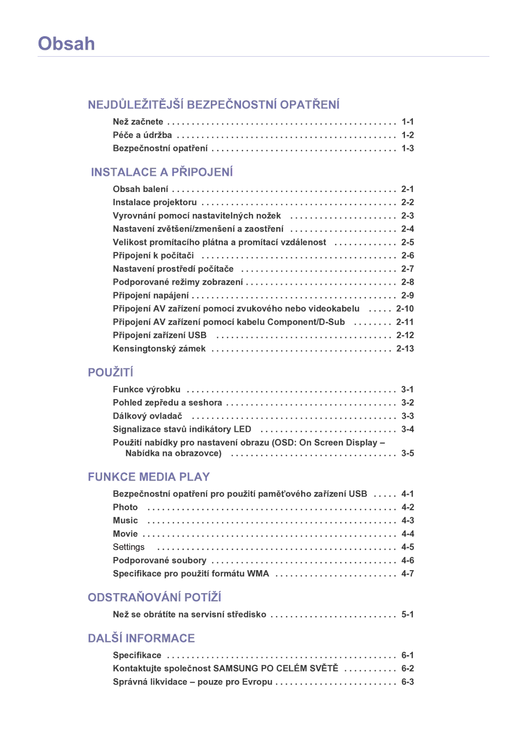 Samsung SPP410MX/EN manual Obsah, Instalace a Připojení 