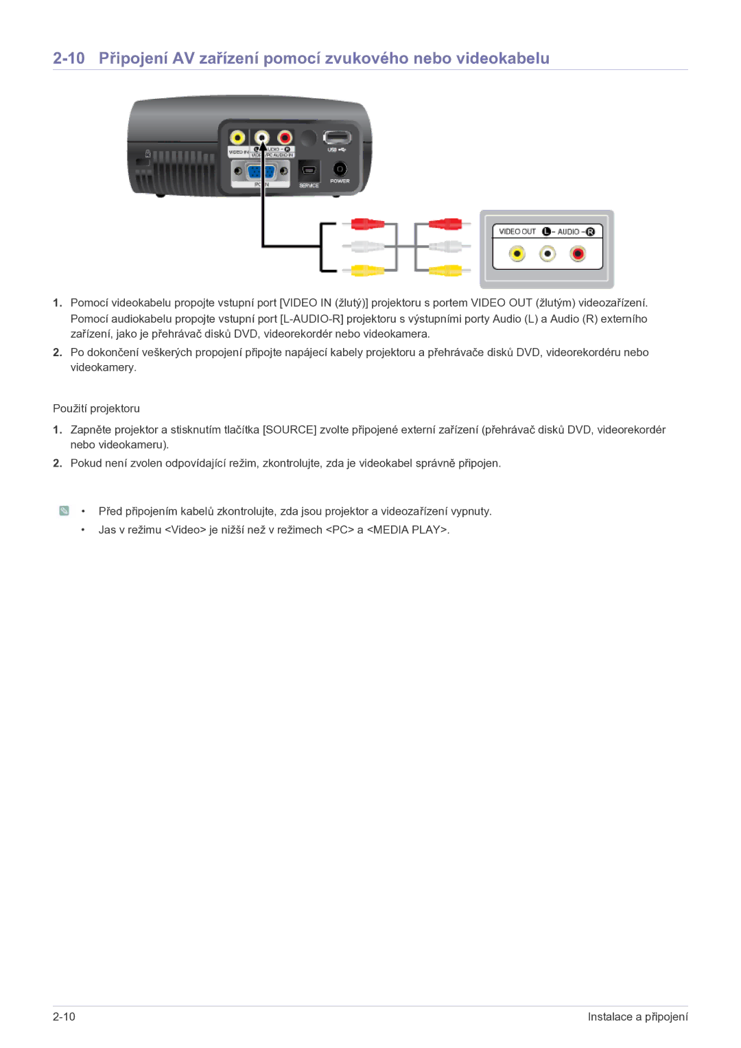 Samsung SPP410MX/EN manual 10 Připojení AV zařízení pomocí zvukového nebo videokabelu 