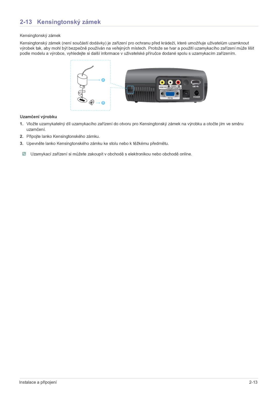 Samsung SPP410MX/EN manual Kensingtonský zámek, Uzamčení výrobku 