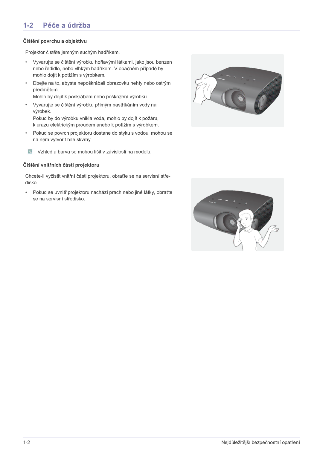 Samsung SPP410MX/EN manual Péče a údržba, Čištění povrchu a objektivu 