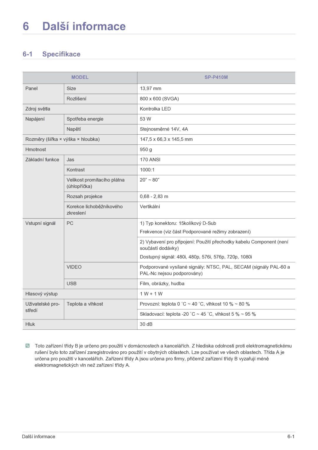 Samsung SPP410MX/EN manual Další informace, Specifikace, Model 