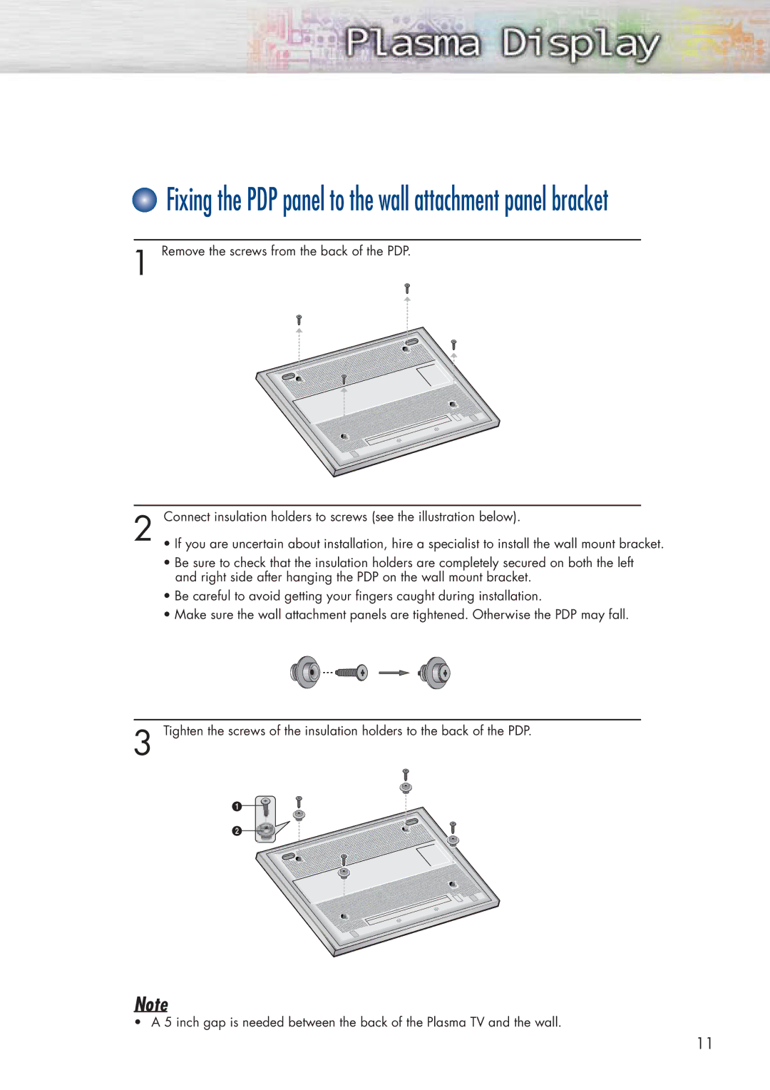 Samsung SPP4251 manual Fixing the PDP panel to the wall attachment panel bracket 