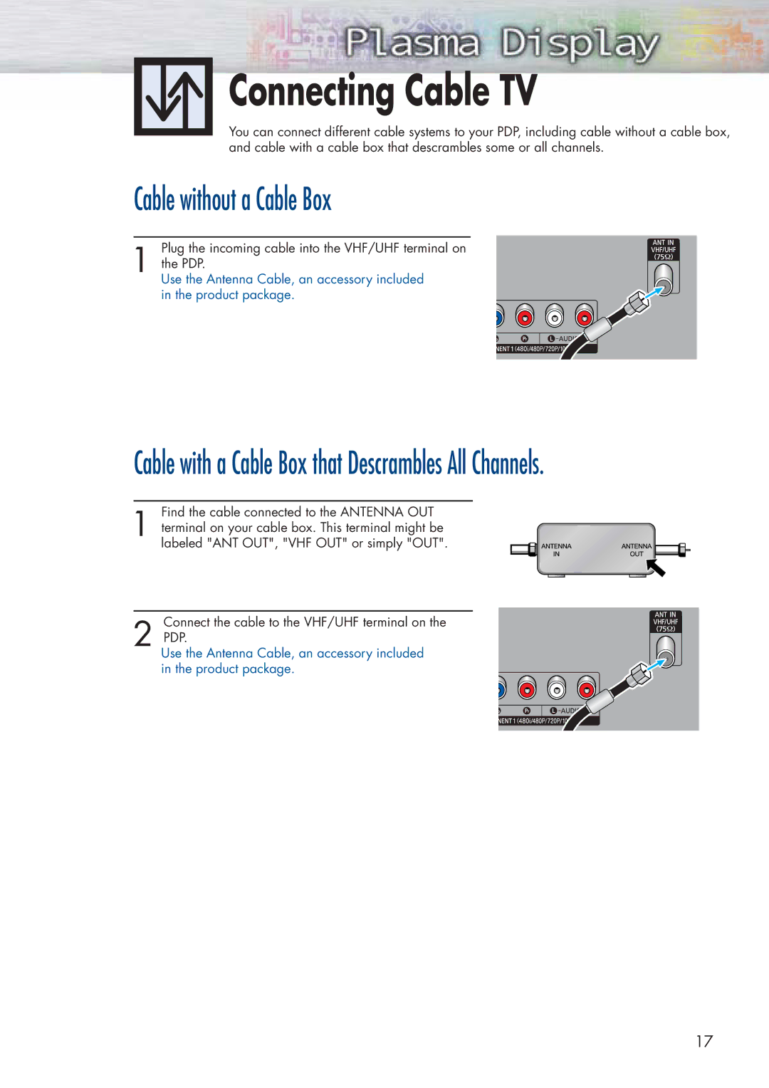 Samsung SPP4251 manual Connecting Cable TV, Cable without a Cable Box 