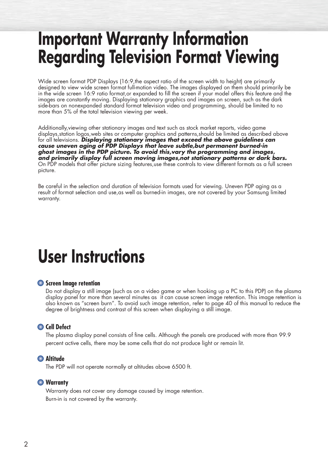 Samsung SPP4251 manual User Instructions, Screen Image retention, Cell Defect, Altitude, Warranty 