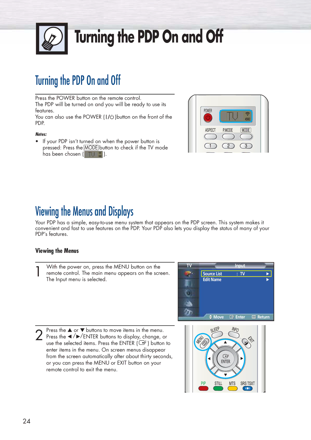 Samsung SPP4251 manual Turning the PDP On and Off, Viewing the Menus and Displays 