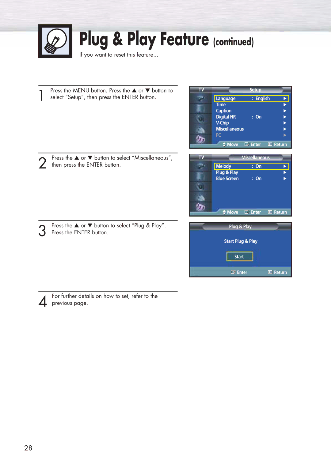 Samsung SPP4251 manual Setup Language English Time Caption Digital NR Chip 