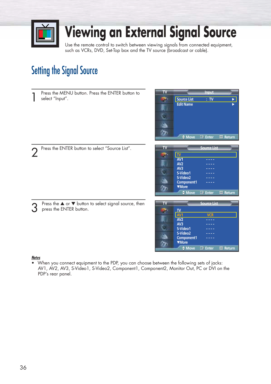 Samsung SPP4251 manual Viewing an External Signal Source, Setting the Signal Source 