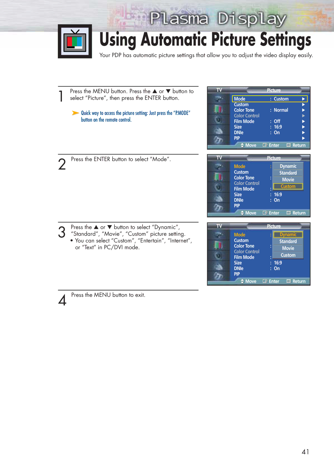 Samsung SPP4251 manual Using Automatic Picture Settings 