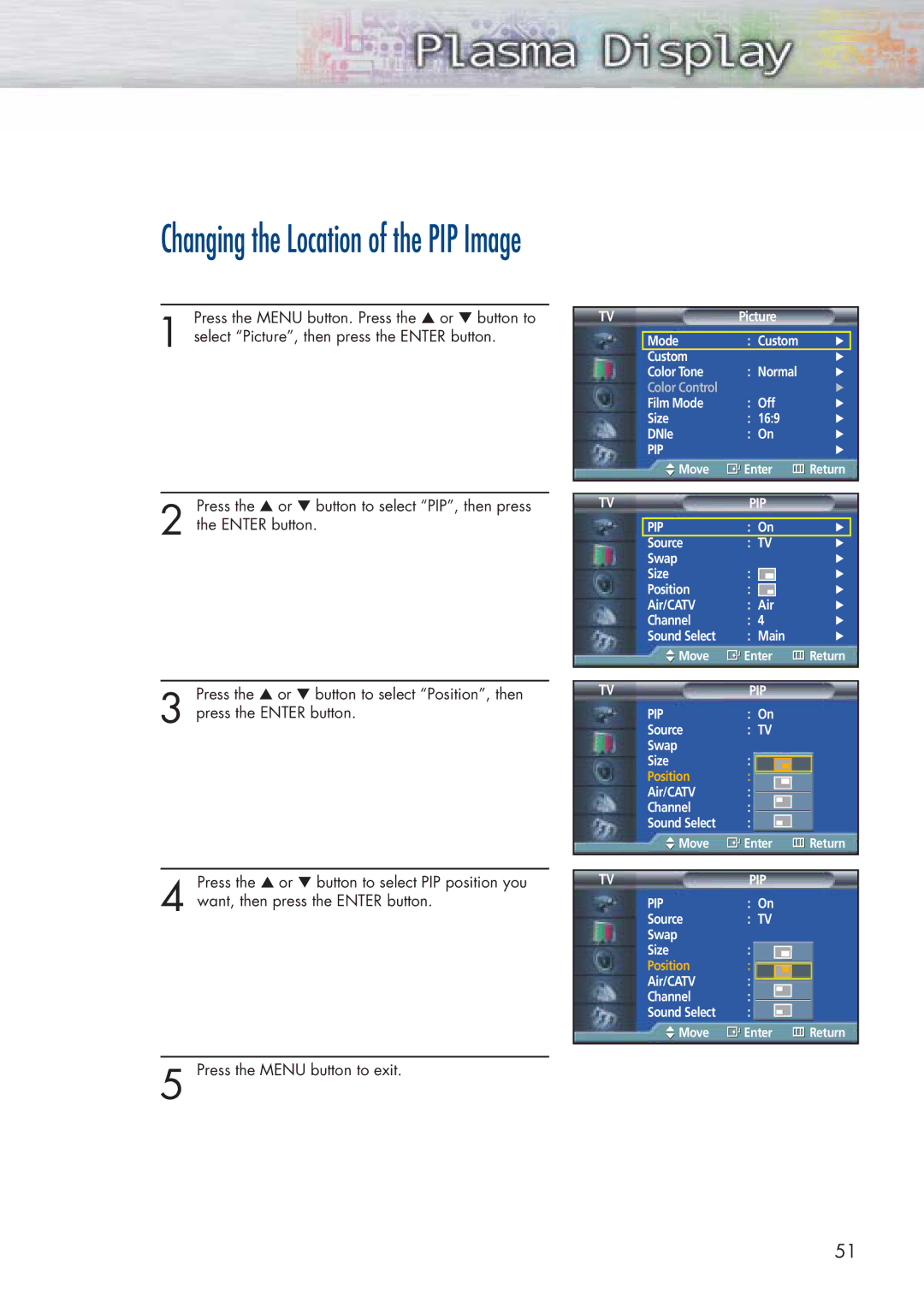 Samsung SPP4251 manual Changing the Location of the PIP Image 