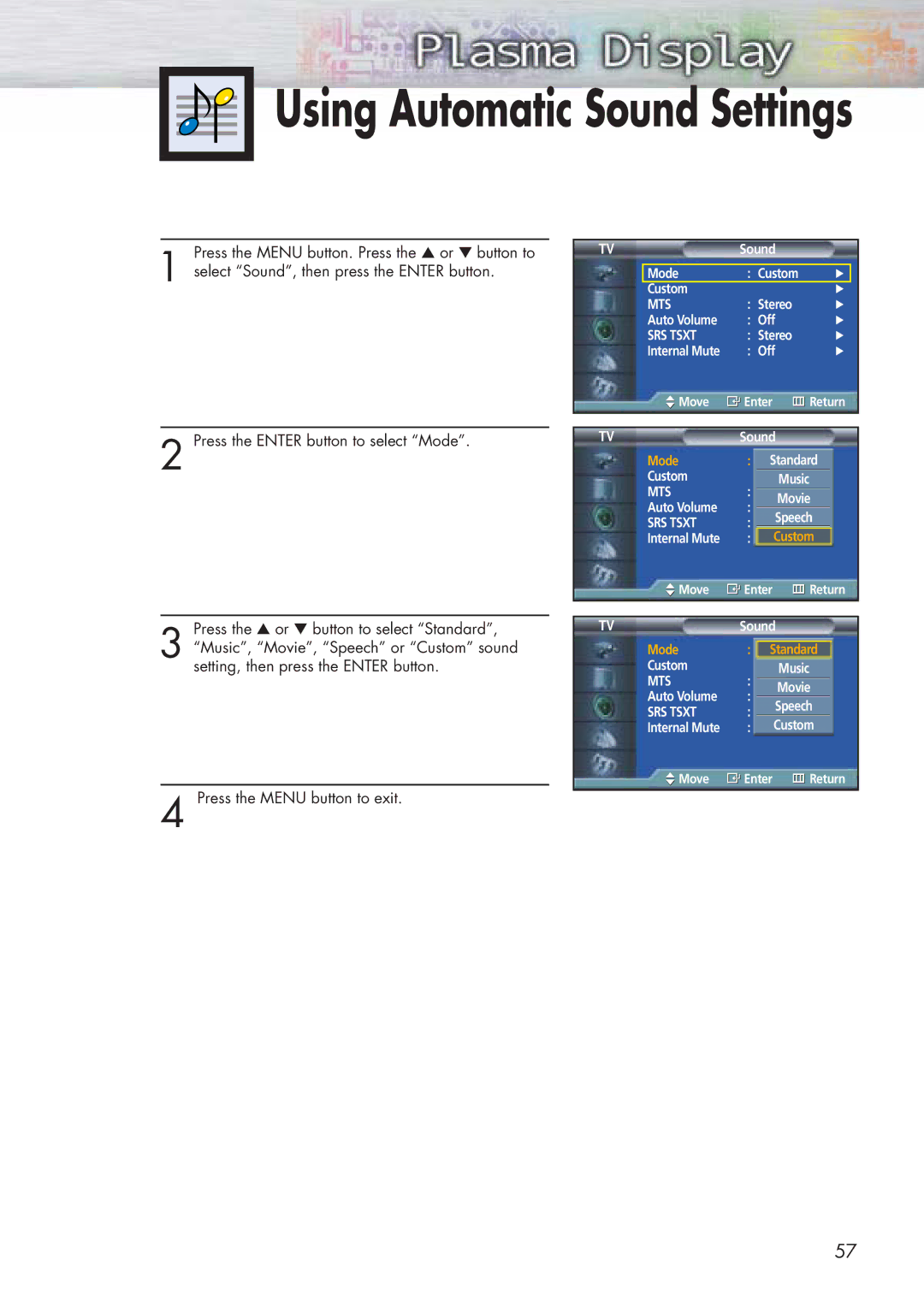 Samsung SPP4251 manual Using Automatic Sound Settings 