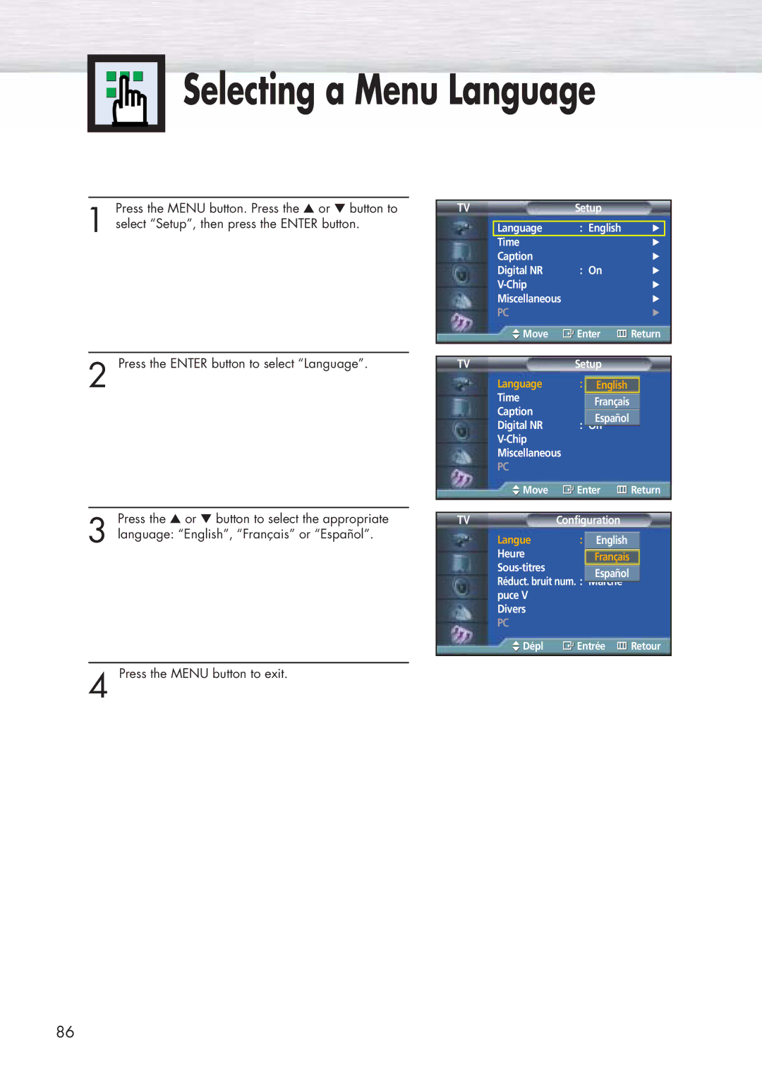 Samsung SPP4251 manual Selecting a Menu Language 