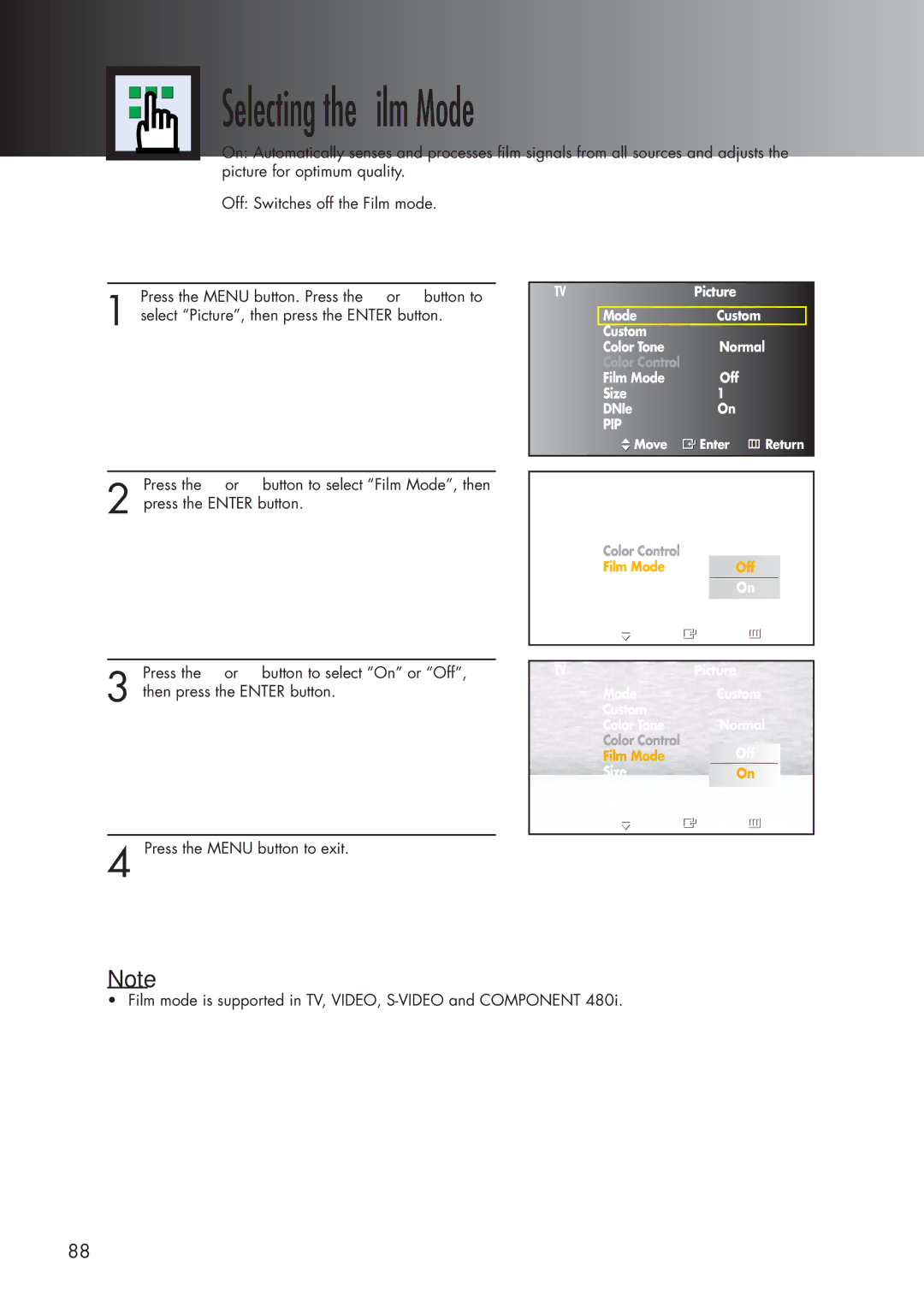 Samsung SPP4251 manual Selecting the Film Mode 