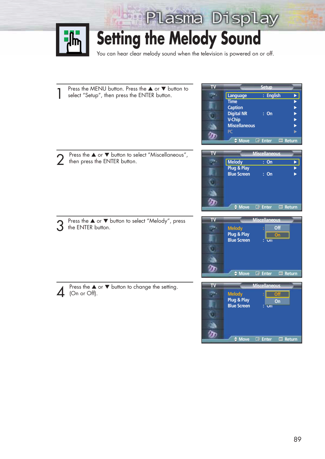 Samsung SPP4251 manual Setting the Melody Sound 