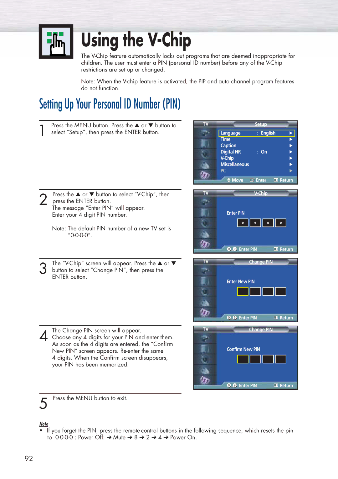 Samsung SPP4251 manual Using the V-Chip, Setting Up Your Personal ID Number PIN 