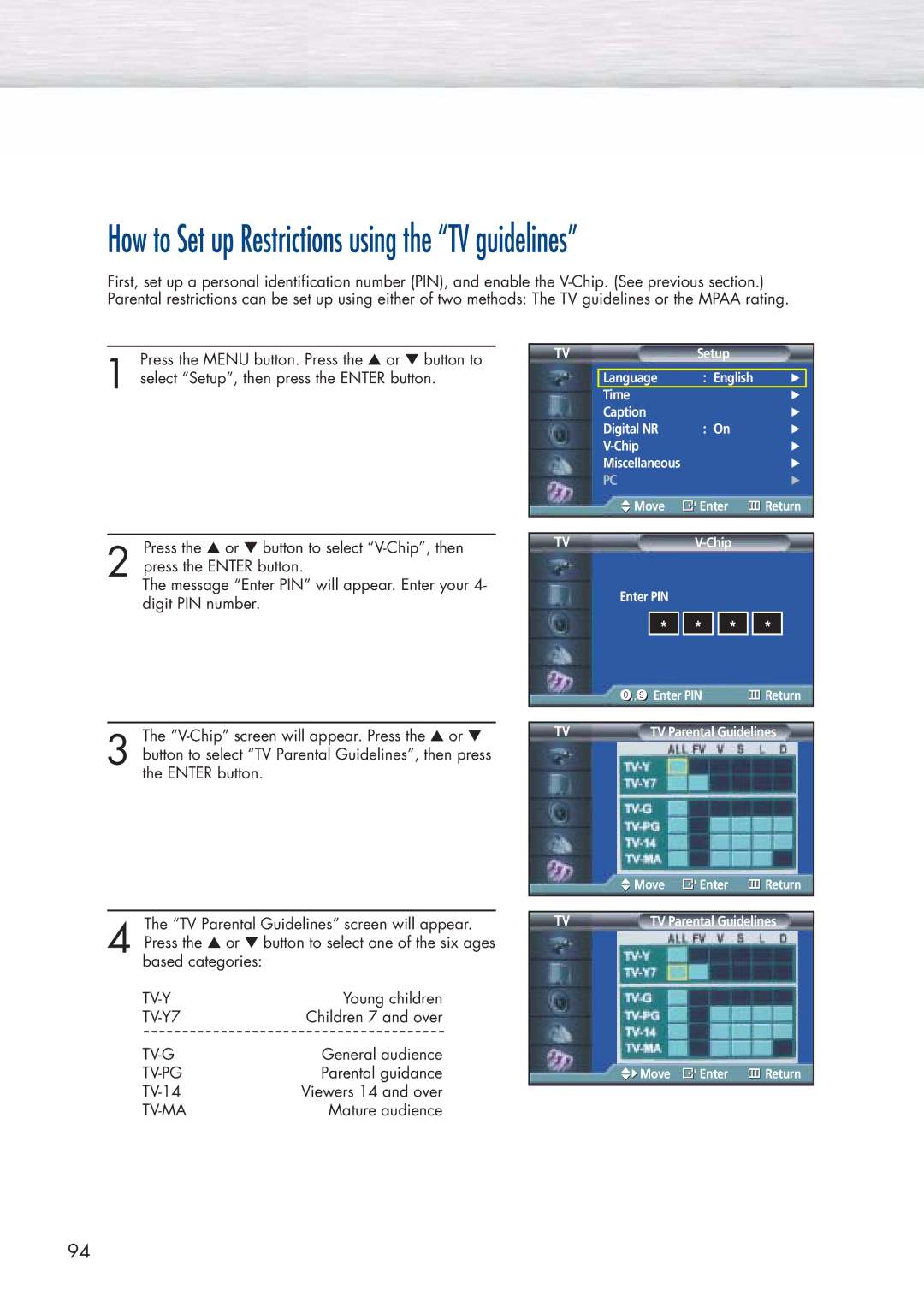 Samsung SPP4251 manual How to Set up Restrictions using the TV guidelines 