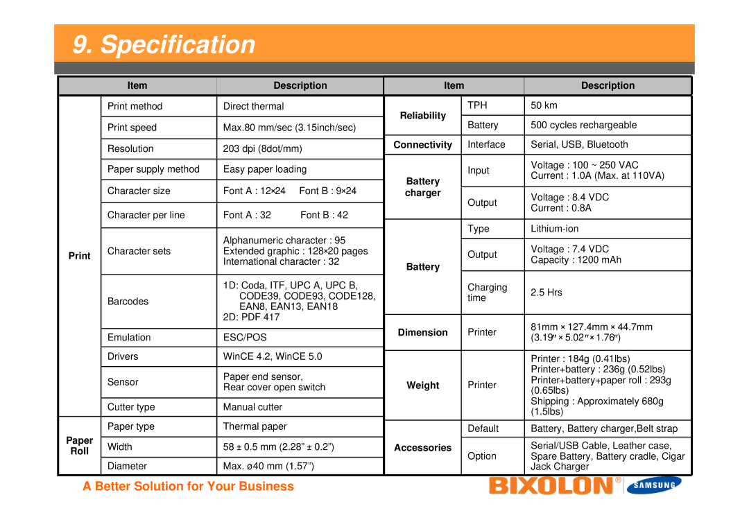 Samsung SPPR200BG manual Specification, Reliability 