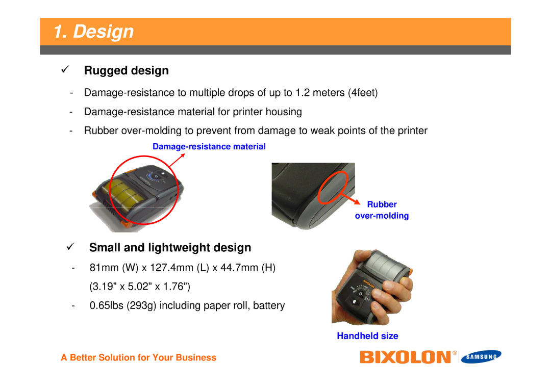 Samsung SPPR200BG manual Design, Rugged design, Small and lightweight design 