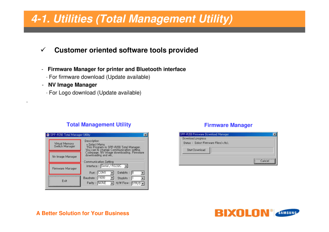 Samsung SPPR200BG manual Utilities Total Management Utility, Customer oriented software tools provided 