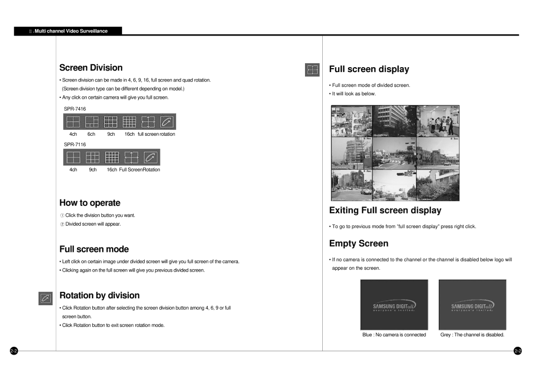 Samsung SPR-7416 How to operate, Full screen mode, Rotation by division, Exiting Full screen display, Empty Screen 