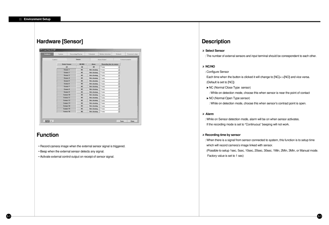 Samsung SPR-7416 manual Hardware Sensor Function, Select Sensor, Alarm, Recording time by sensor 