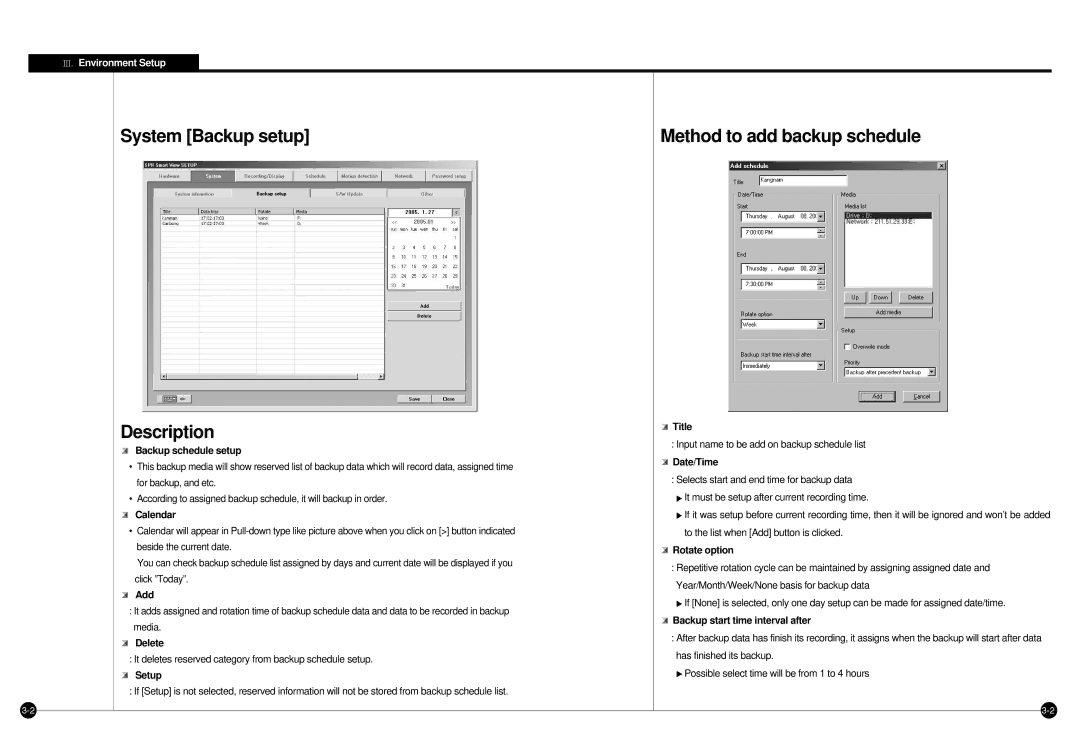 Samsung SPR-7416 manual System Backup setup Description, Method to add backup schedule 