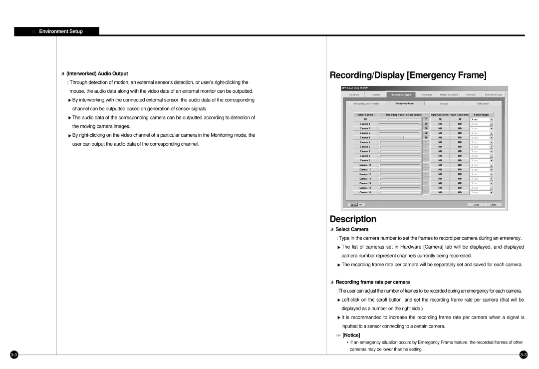 Samsung SPR-7416 manual Recording/Display Emergency Frame, Interworked Audio Output 