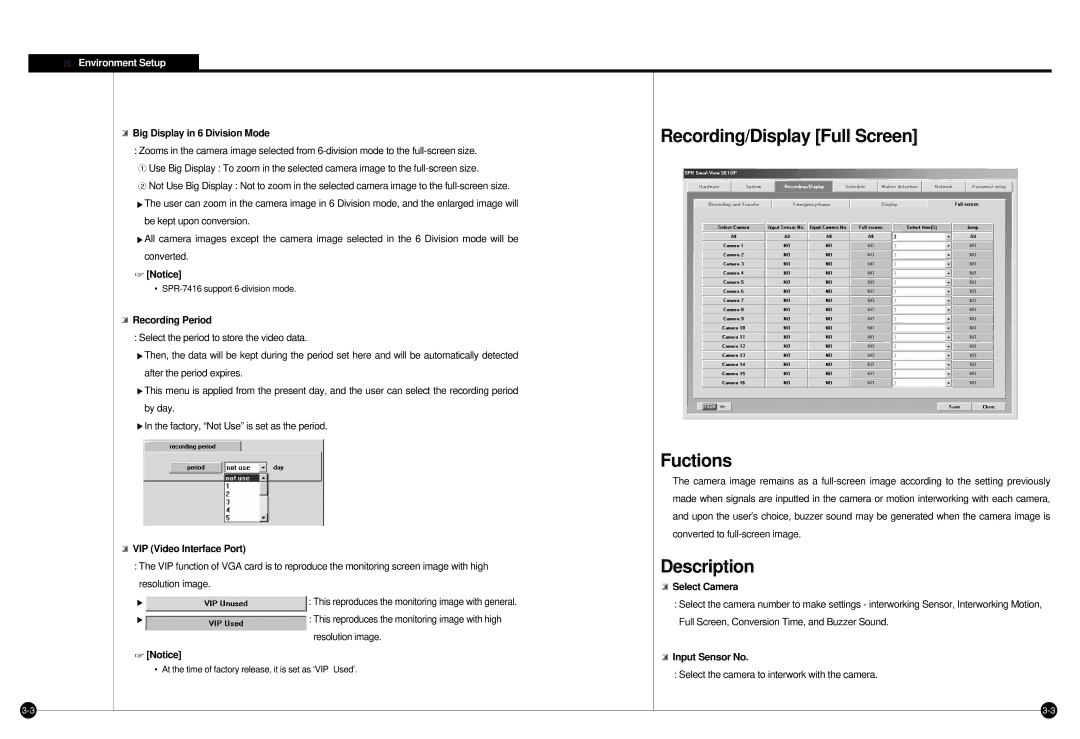 Samsung SPR-7416 manual Recording/Display Full Screen Fuctions, Big Display in 6 Division Mode, Recording Period 