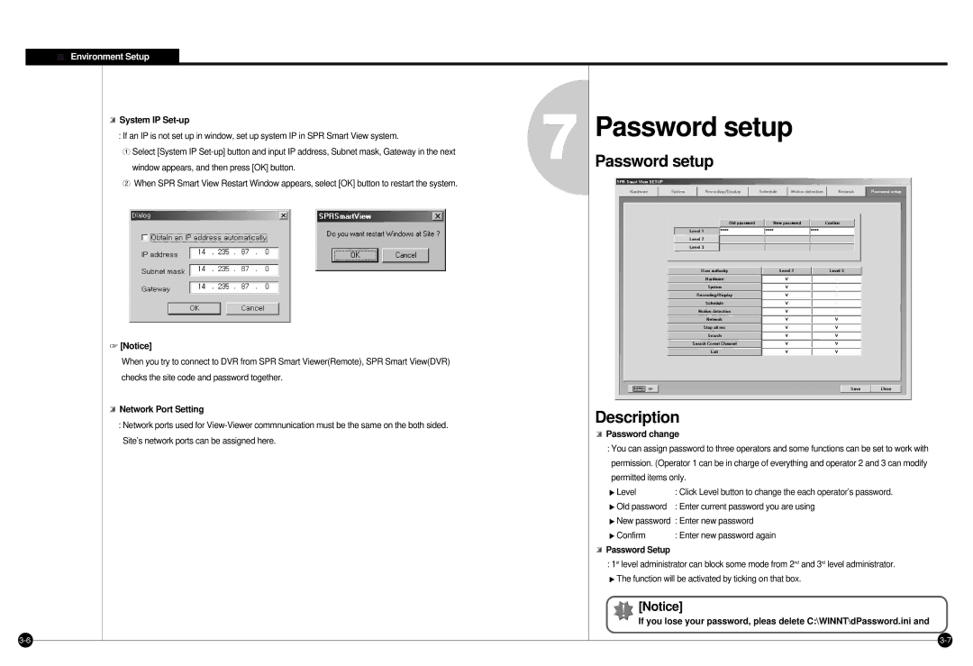 Samsung SPR-7416 manual Password setup, System IP Set-up, Network Port Setting, Password change, Password Setup 