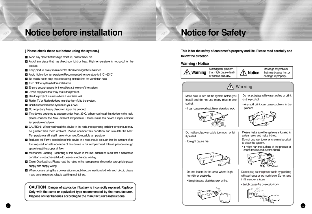 Samsung SPR-7416 manual Please check these out before using the system, Product, Humidity or dust exist 