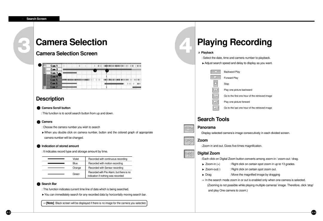 Samsung SPR-7416 manual Playing Recording, Camera Selection Screen Description, Search Tools 